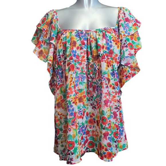 H&M Tops - H&M Garden Collection Blouse Size 12 Watercolour Floaty Frill Top Milkmaid